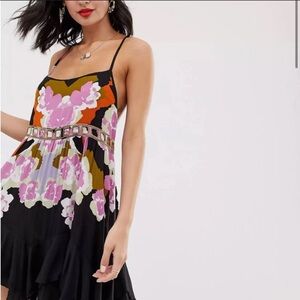 Free People Sweet Lucy Slip Dress Black Pink XS